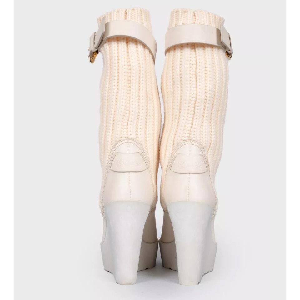 De las mujeres Gucci Tejido Beige y Cuero Hebilla Calcetín Botas Sz.37 en venta