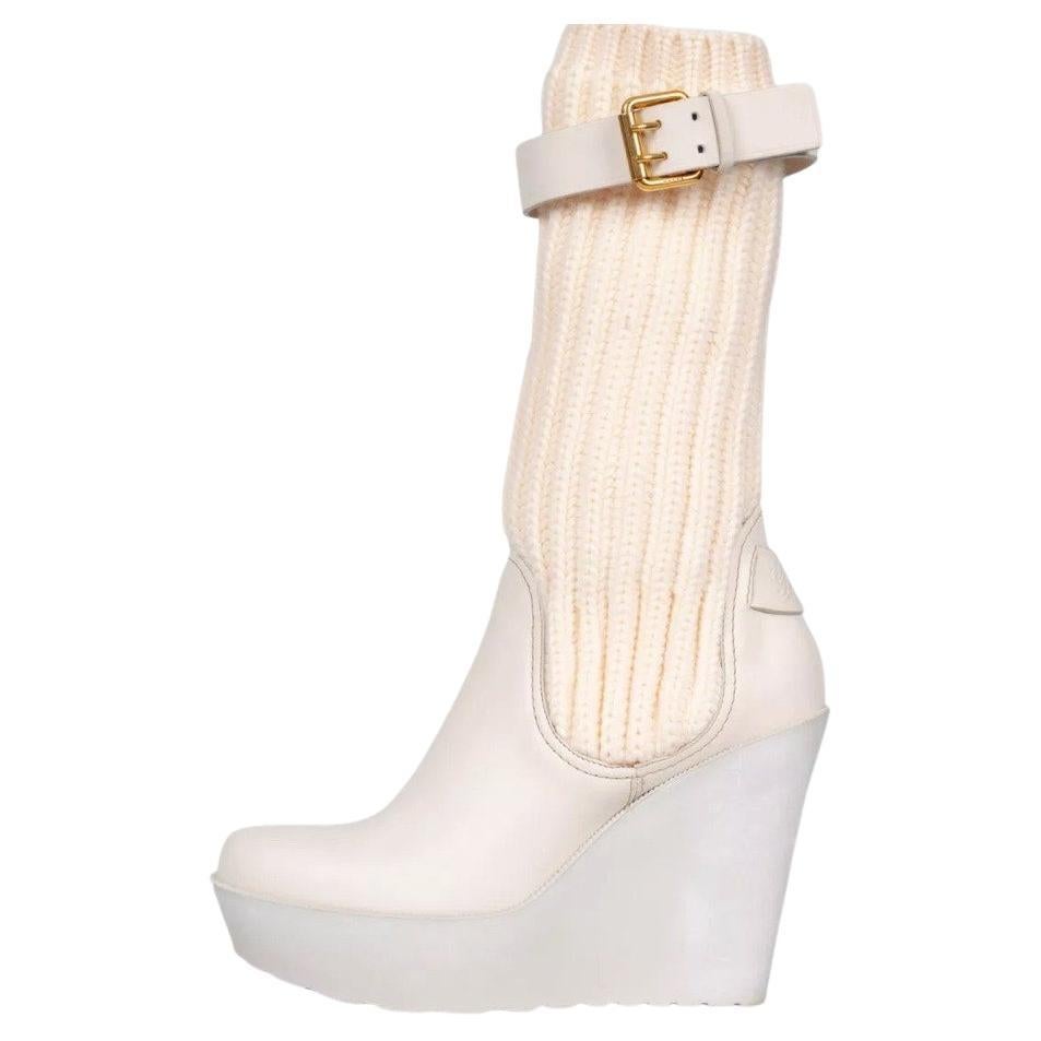 Gucci Tejido Beige y Cuero Hebilla Calcetín Botas Sz.37