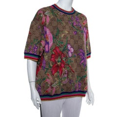 Gucci Beige Floral Jacquard Lurex Knit Logo Monogram Short Sleeve Sweater M
