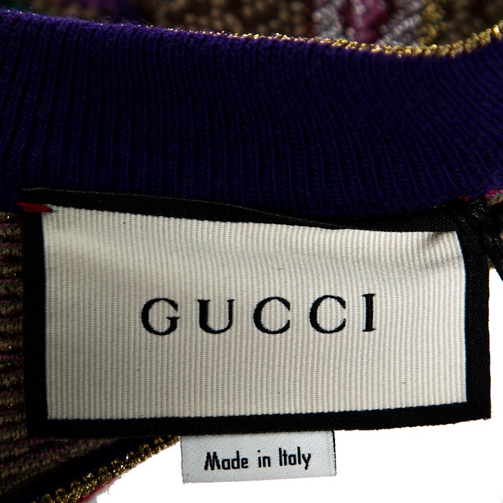 Black Gucci Beige Floral Jacquard Lurex Knit Logo Monogram Short Sleeve Sweater M
