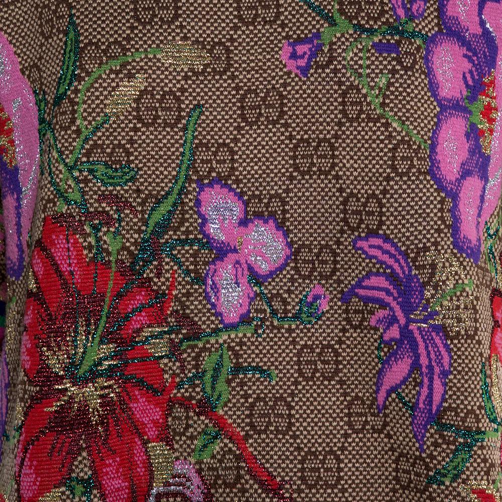 Gucci Beige Floral Jacquard Lurex Knit Logo Monogram Short Sleeve Sweater M In Excellent Condition In Dubai, Al Qouz 2
