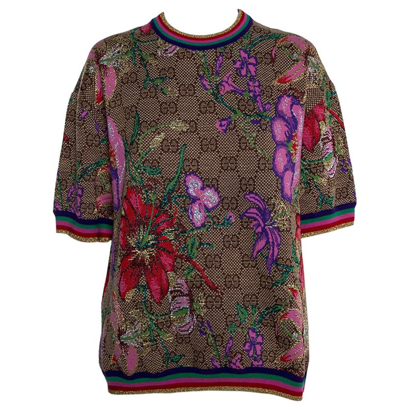 Gucci Beige Floral Jacquard Lurex Knit Logo Monogram Short Sleeve Sweater M