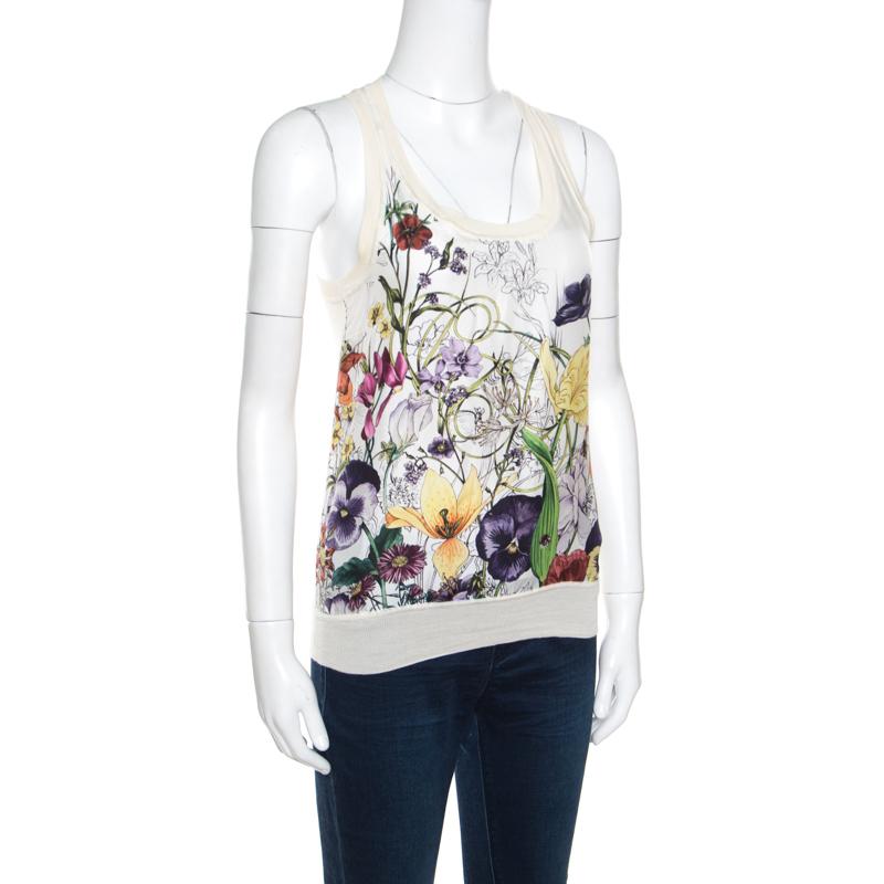Gucci Beige Floral Printed Silk Rib Trim Sleeveless Top XS im Zustand „Hervorragend“ in Dubai, Al Qouz 2