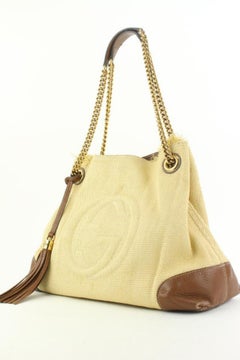 Gucci Beige Fringe Tassel Cream Raffia Soho Chain Tote Bag 2GA1113