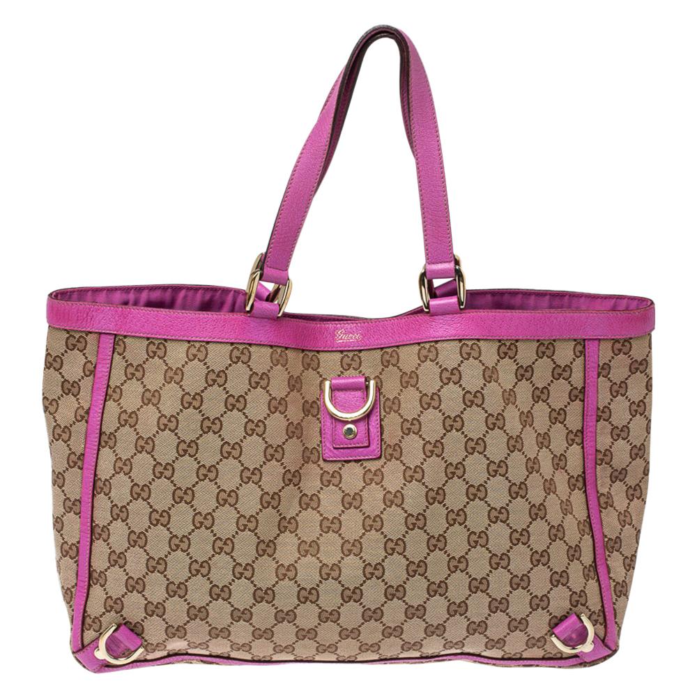 Gucci Beige/Fuchsia GG Canvas and Leather Abbey D-Ring Tote