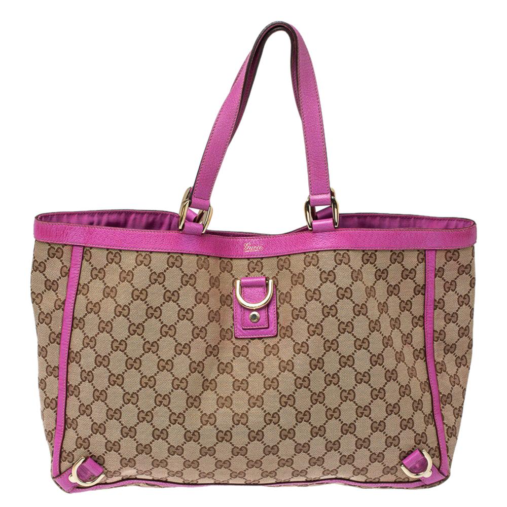Gucci Beige/Fuchsia GG Canvas and Leather Abbey D-Ring Tote