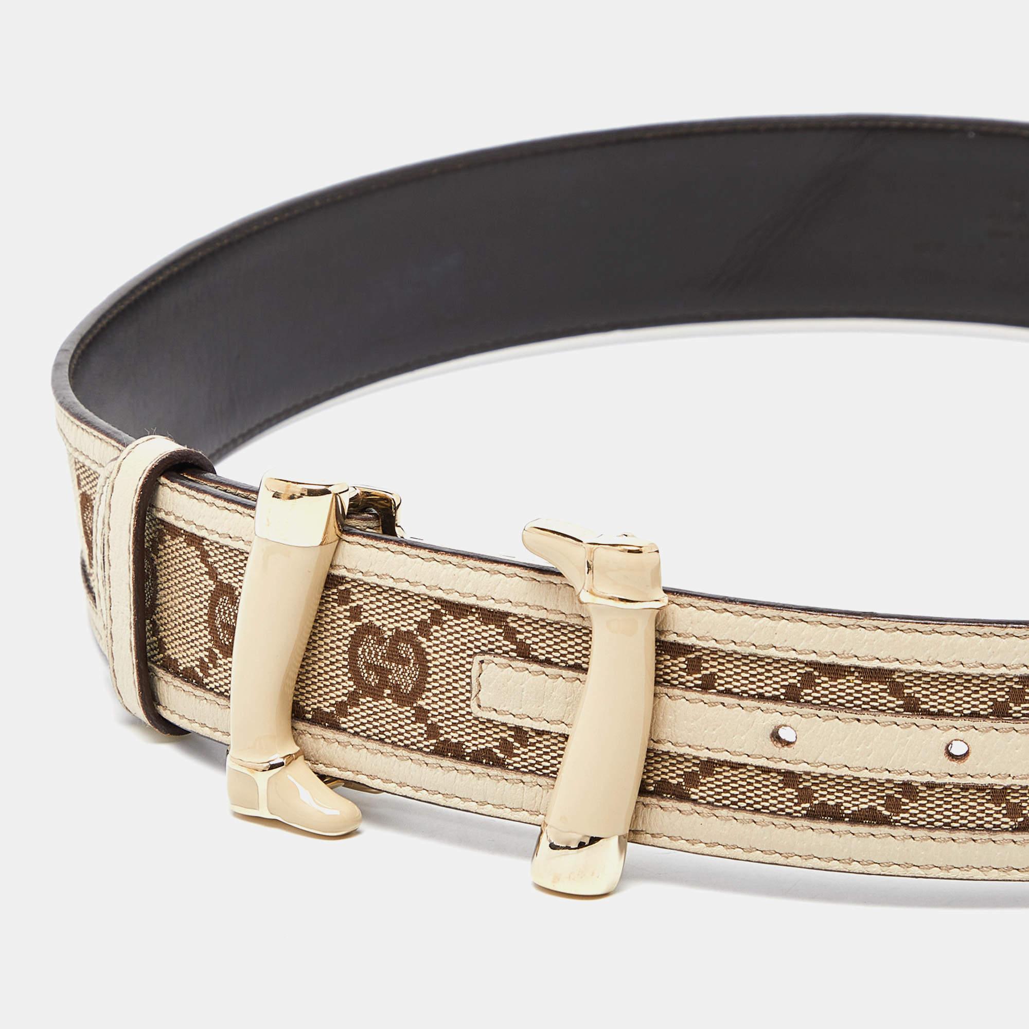 Light up your belt collection by adding this buckle belt from Gucci. Made from green GG canvas and leather, it features the iconic interlocking G buckle in gold-tone, accompanied by a single loop. This belt will look ideal with casuals.

Includes: