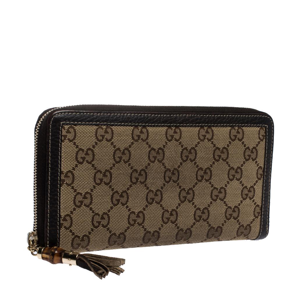 Black Gucci Beige GG Canvas and Leather Continental Zip Around Wallet