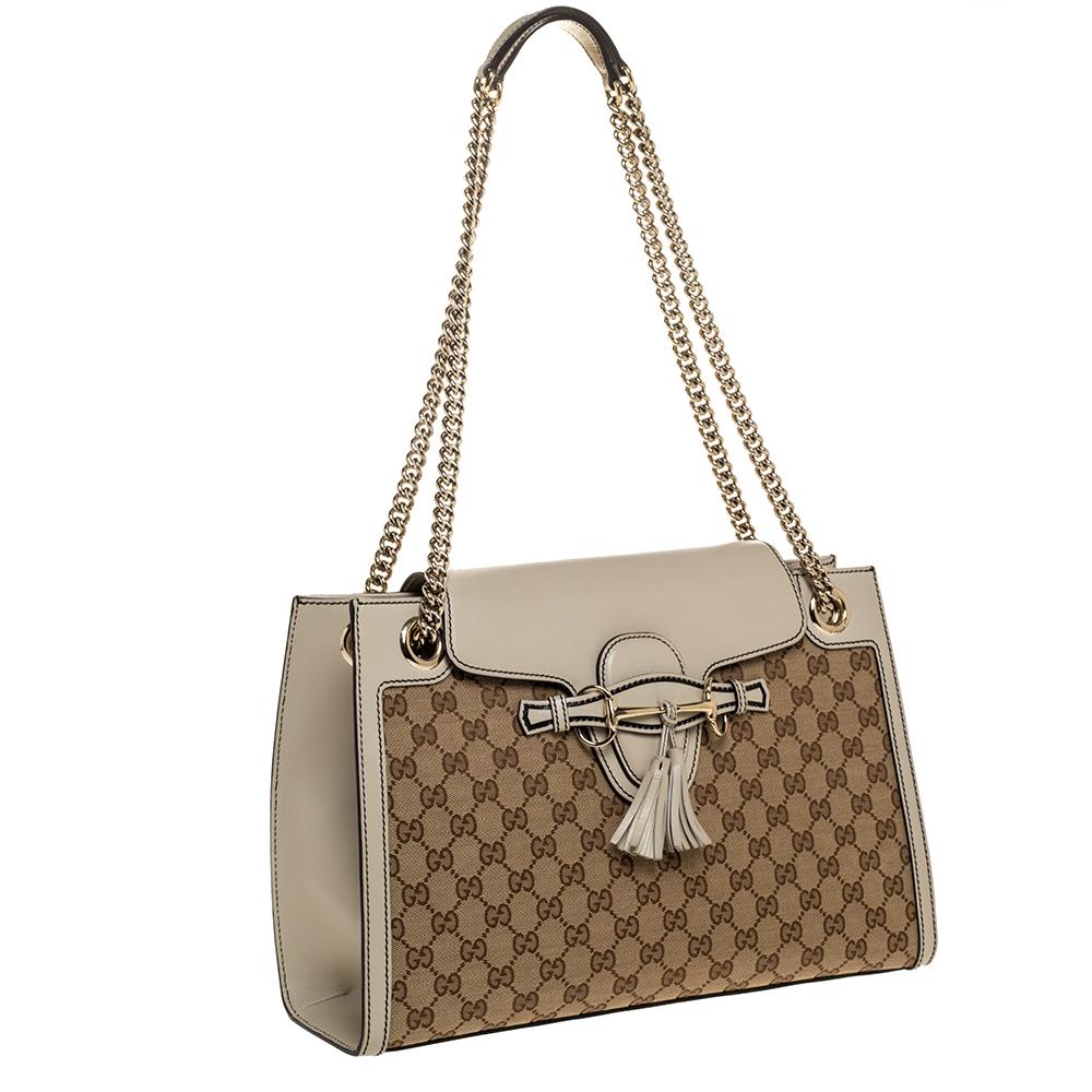 Gucci Beige GG Canvas and Leather Large Emily Chain Shoulder Bag In Good Condition In Dubai, Al Qouz 2