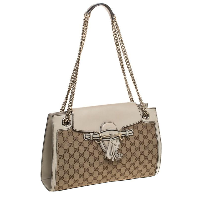 Gucci Beige GG Canvas and Leather Large Emily Chain Shoulder Bag In Good Condition In Dubai, Al Qouz 2
