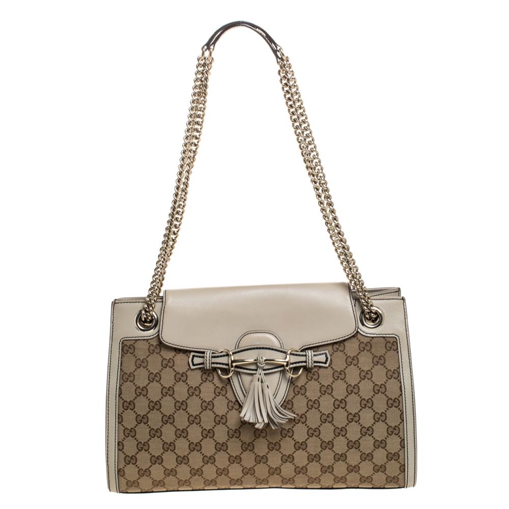 Gucci Beige GG Canvas and Leather Large Emily Chain Shoulder Bag