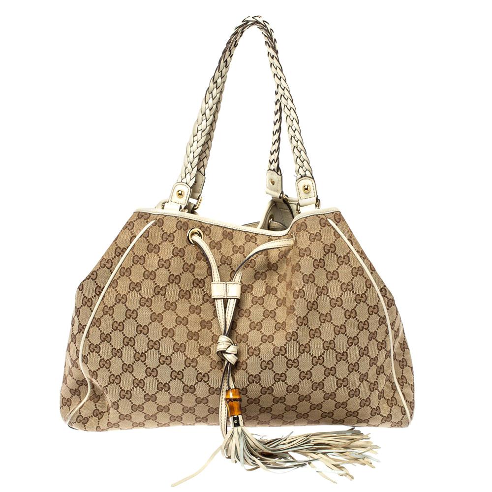 Gucci Beige GG Canvas and Leather Large Preggy Braided Bamboo Tassel Tote