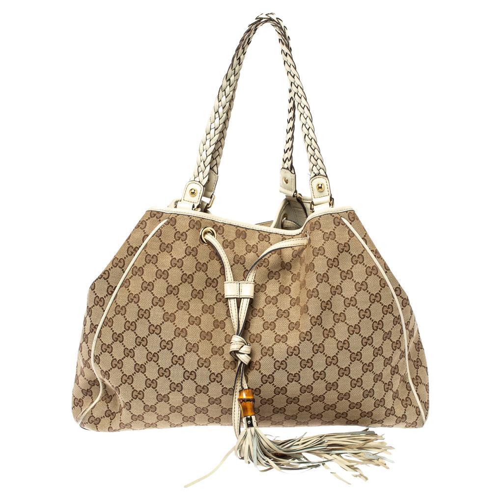 Gucci Beige GG Canvas and Leather Large Preggy Braided Bamboo Tassel Tote  For Sale at 1stDibs