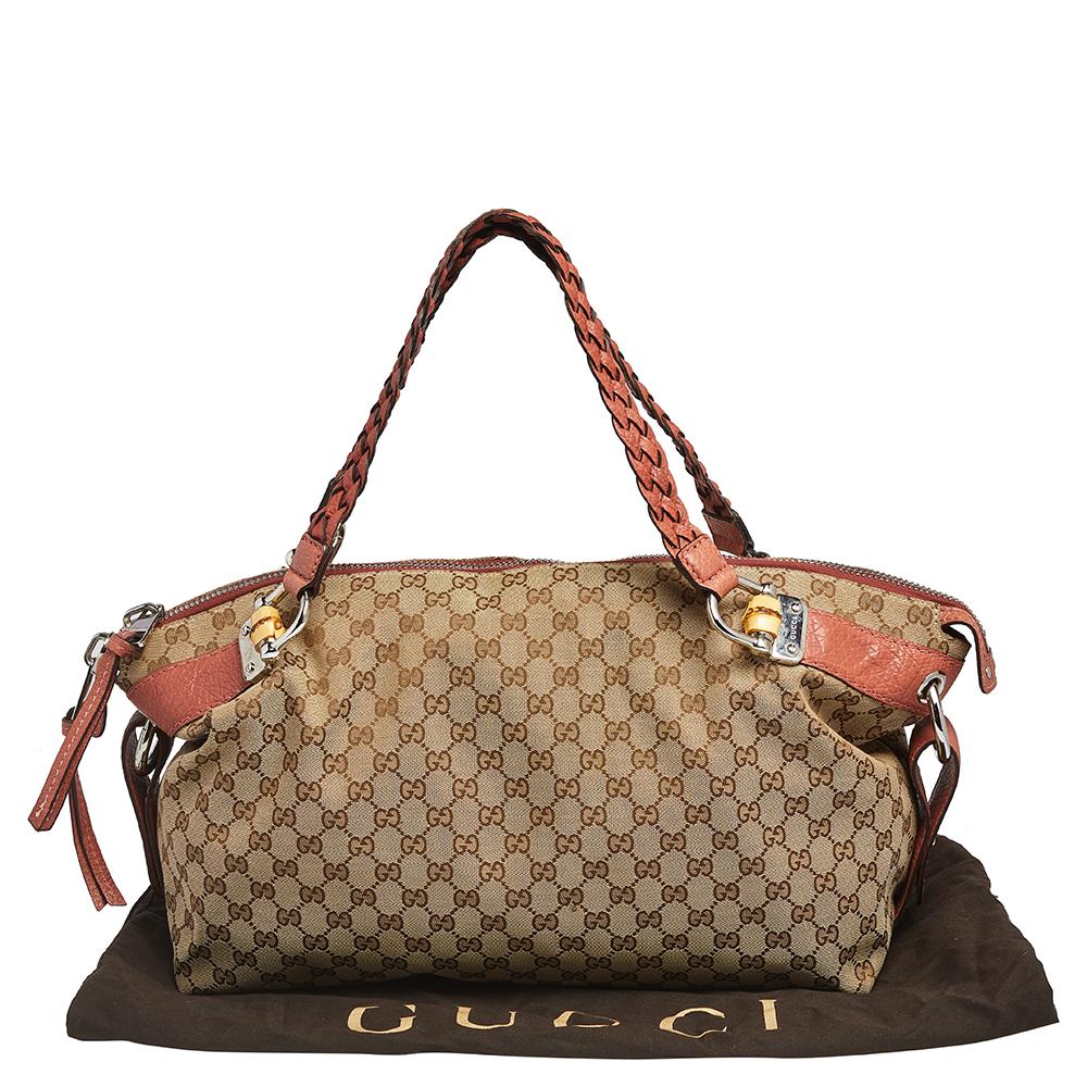 Gucci Borsa a tracolla media in tela e pelle GG Beige Bamboo Bar 7