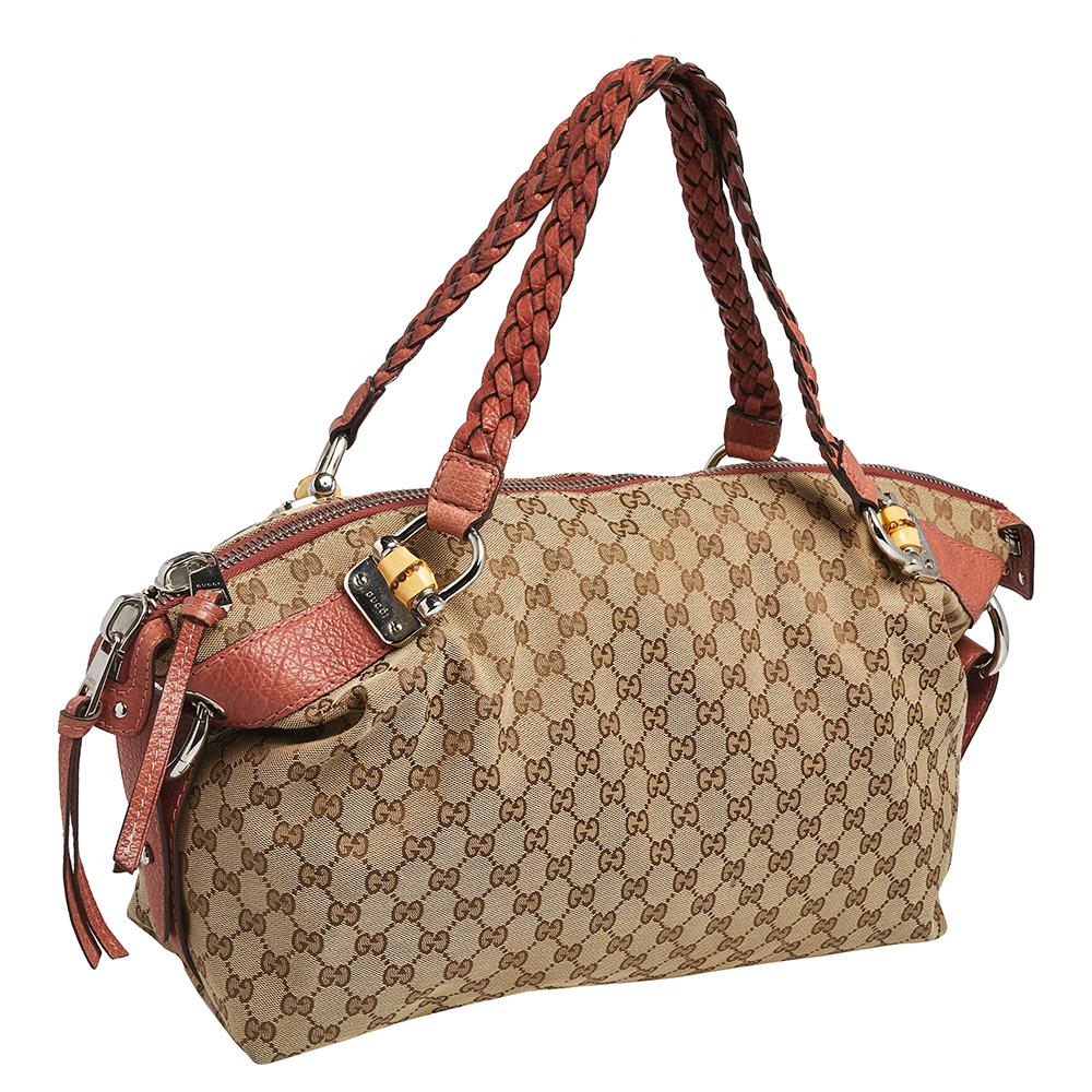 Donna Gucci Borsa a tracolla media in tela e pelle GG Beige Bamboo Bar