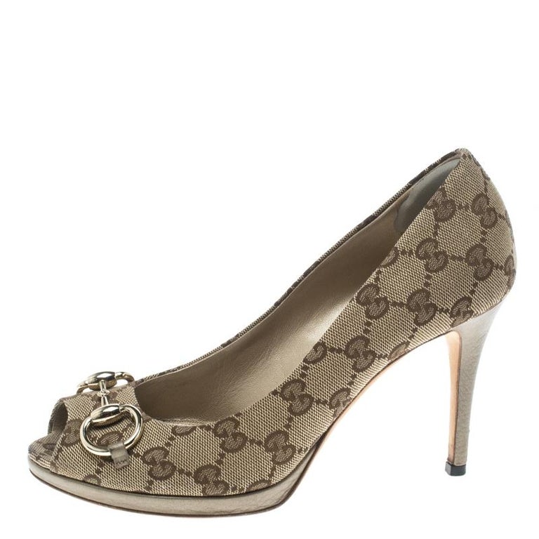 Gucci Beige GG Canvas and Leather New Hollywood Horsebit Peep Toe Pumps Size 37 For Sale at 1stDibs