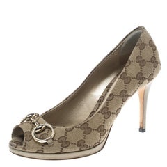 Gucci Beige GG Canvas and Leather New Hollywood Horsebit Peep Toe Pumps Size 37