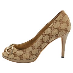 Gucci Beige GG Canvas and Leather Peep Toe Pumps Size 39