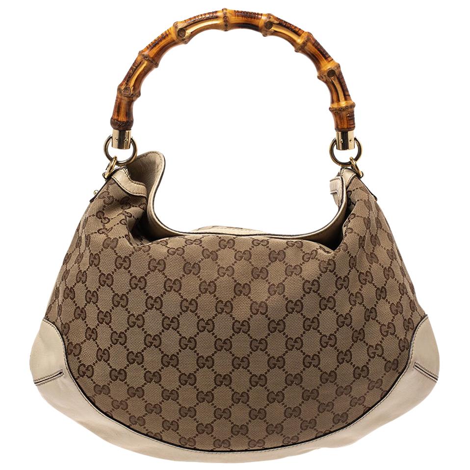 Gucci Beige GG Canvas and Leather Peggy Bamboo Hobo