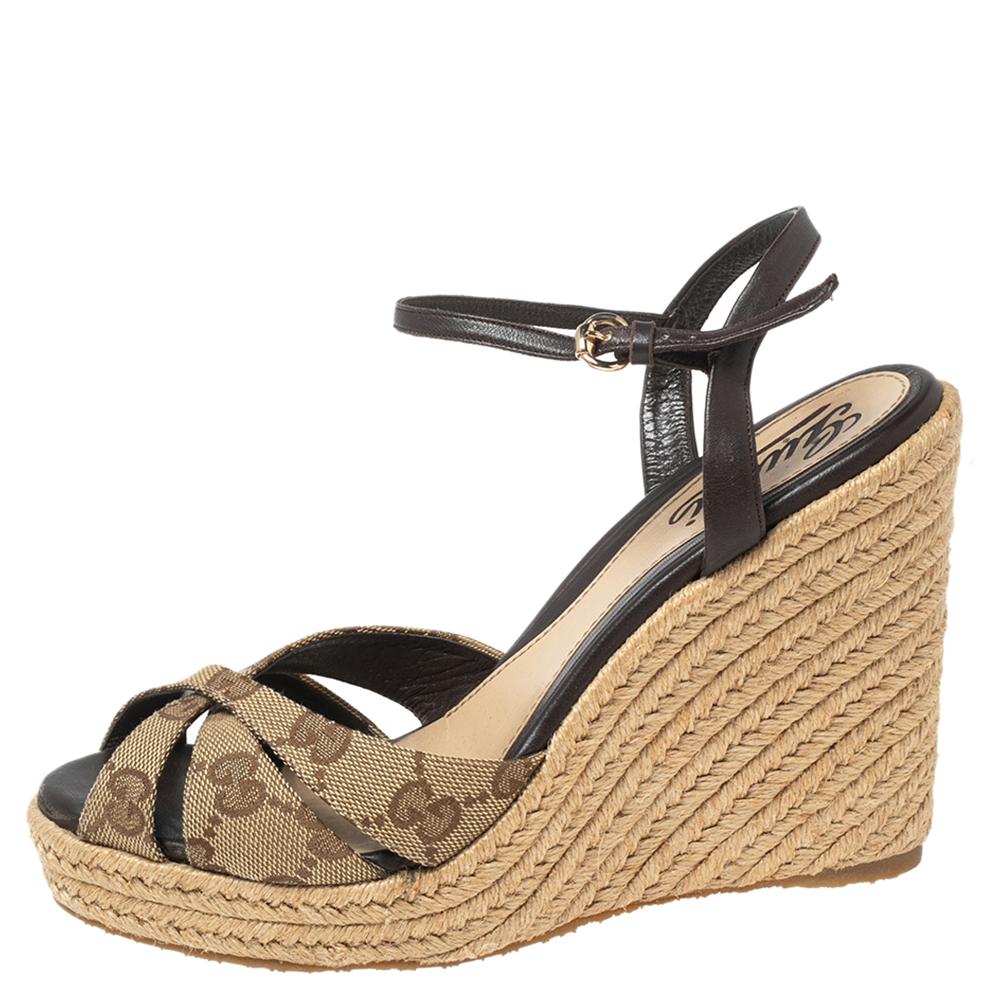 Women's Gucci Beige GG Canvas and Leather Penelope Espadrille Wedge Sandals Size 37.5