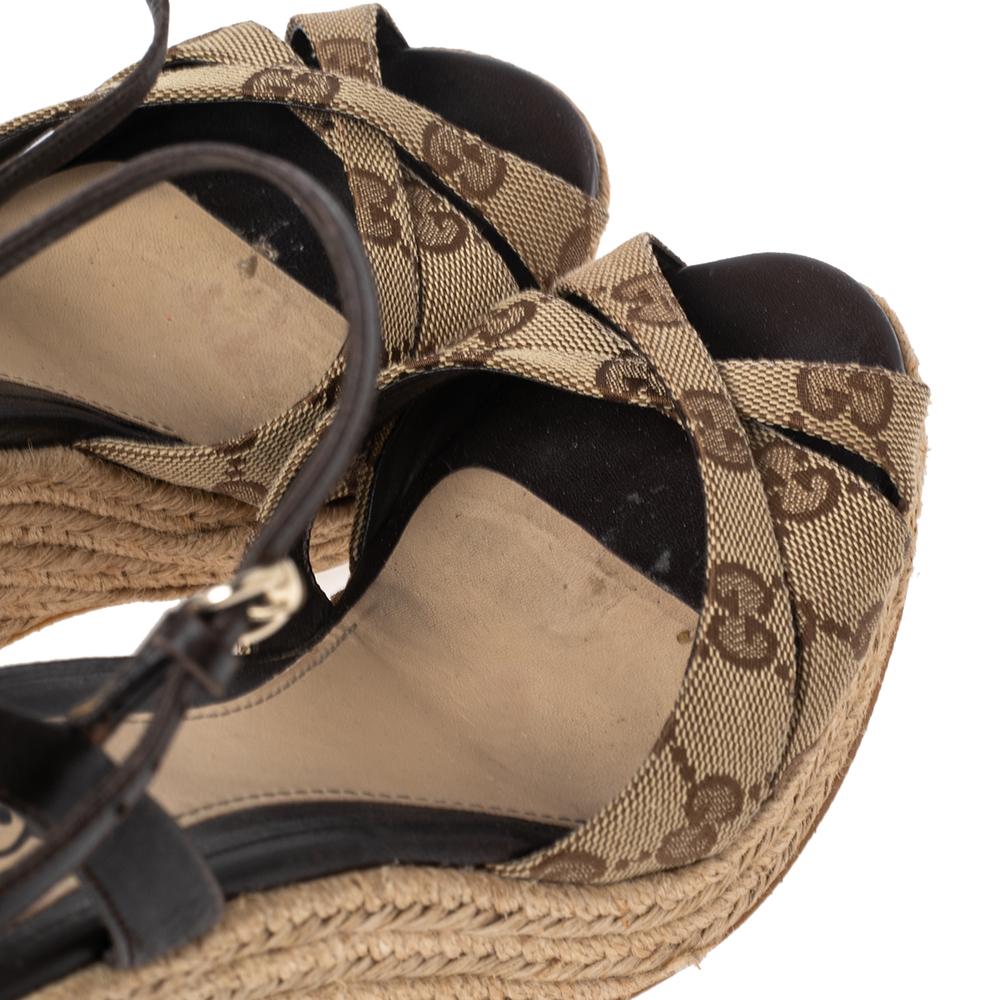 Gucci Beige GG Canvas and Leather Penelope Espadrille Wedge Sandals Size 37.5 1