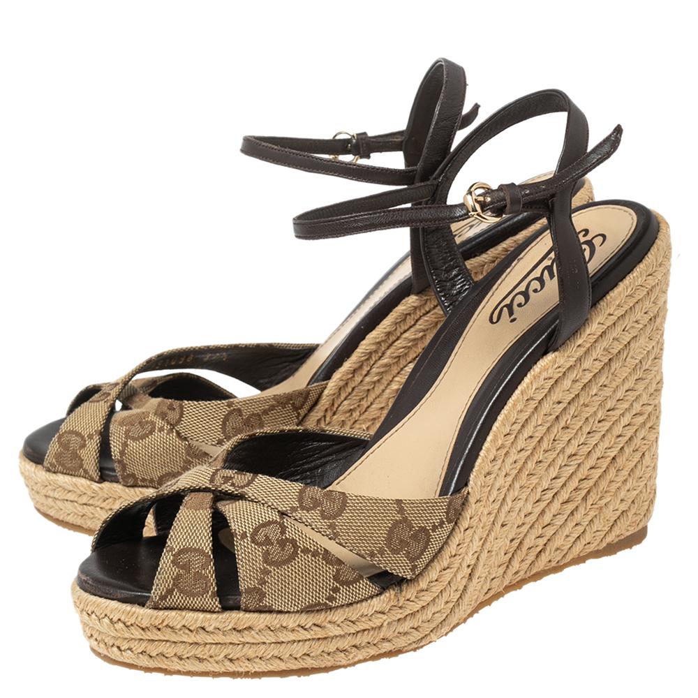 Gucci Beige GG Canvas and Leather Penelope Espadrille Wedge Sandals Size 37.5 3