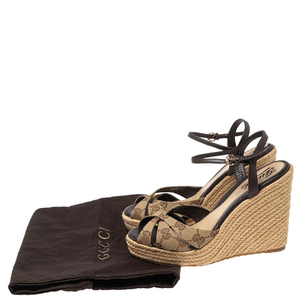 Gucci Beige GG Canvas and Leather Penelope Espadrille Wedge Sandals Size 37.5 4