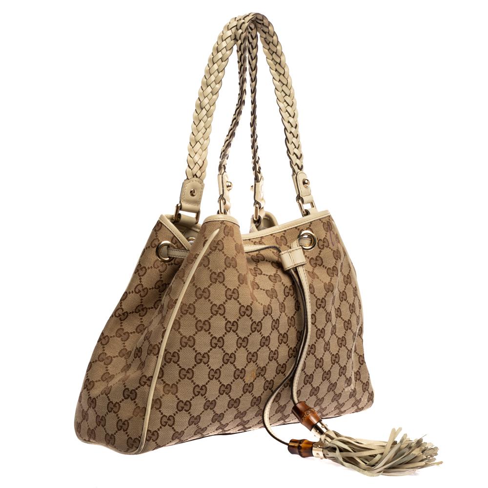 Gucci Beige GG Canvas und Leder Preggy geflochtene Bambus Quaste Tote Damen