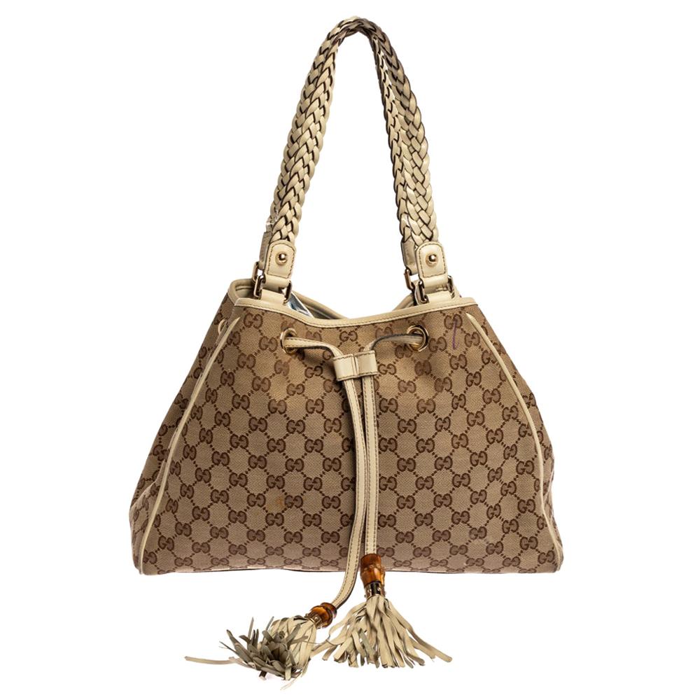Gucci Beige GG Canvas and Leather Preggy Braided Bamboo Tassel Tote