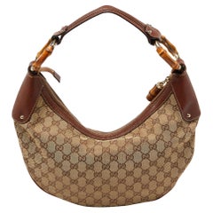 Gucci Beige GG Segeltuch und Leder Web Bambus Ring Hobo aus Segeltuch