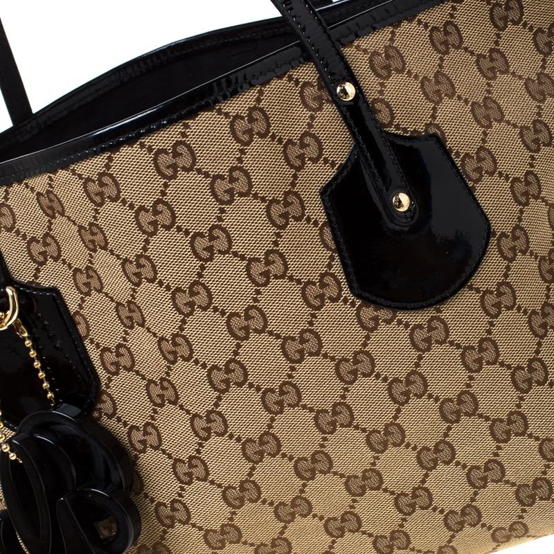 Gucci Beige GG Canvas and Patent Leather Medium Jolie Charm Tote In Good Condition In Dubai, Al Qouz 2
