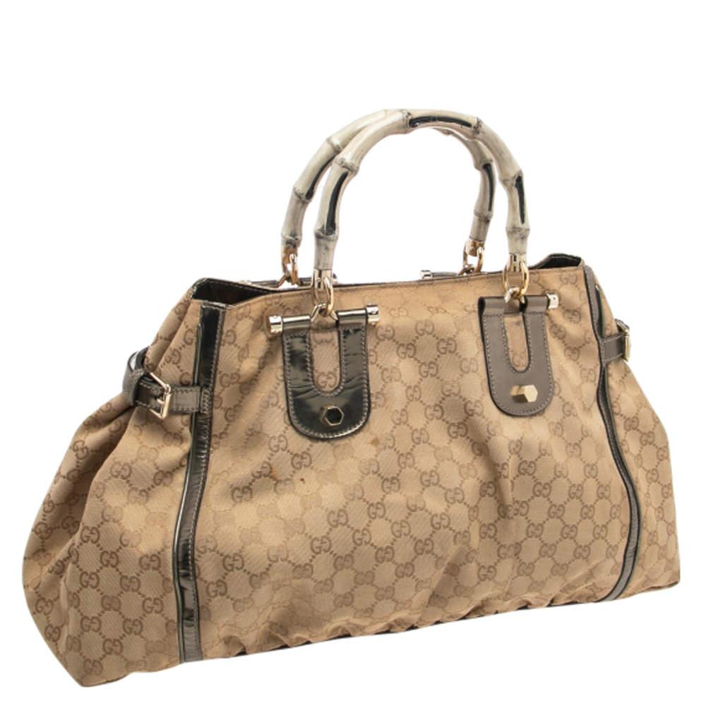 Women's Gucci Beige GG Canvas And Patent Leather Pop Bamboo Handle Tote