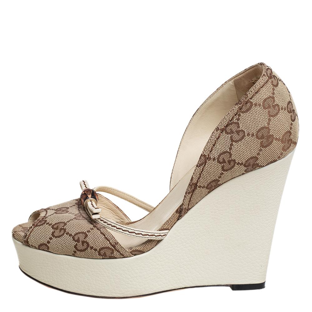 Gucci Beige GG Canvas Bamboo Peep Toe D'orsay Wedge Sandals Size 37 1