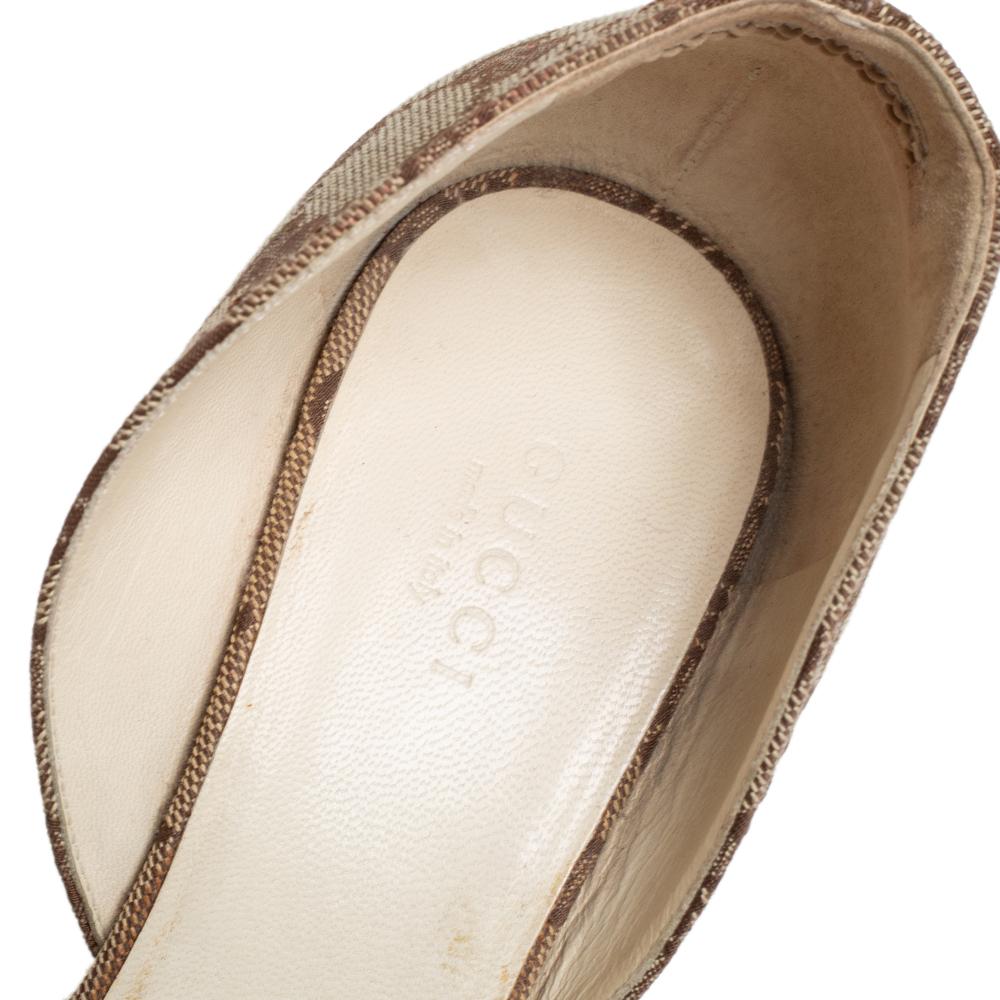 Gucci Beige GG Canvas Bamboo Peep Toe D'orsay Wedge Sandals Size 37 2