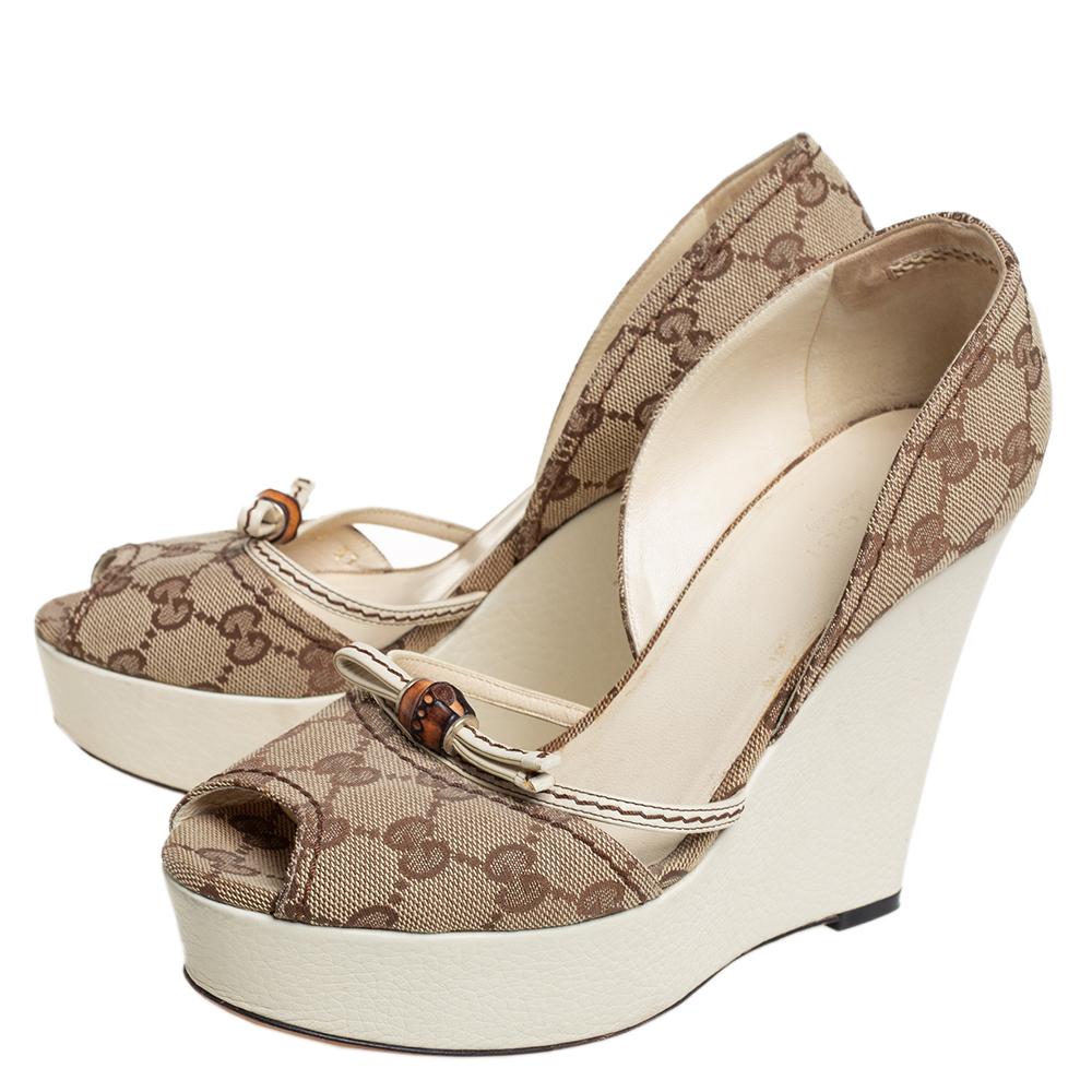 Gucci Beige GG Canvas Bamboo Peep Toe D'orsay Wedge Sandals Size 37 3