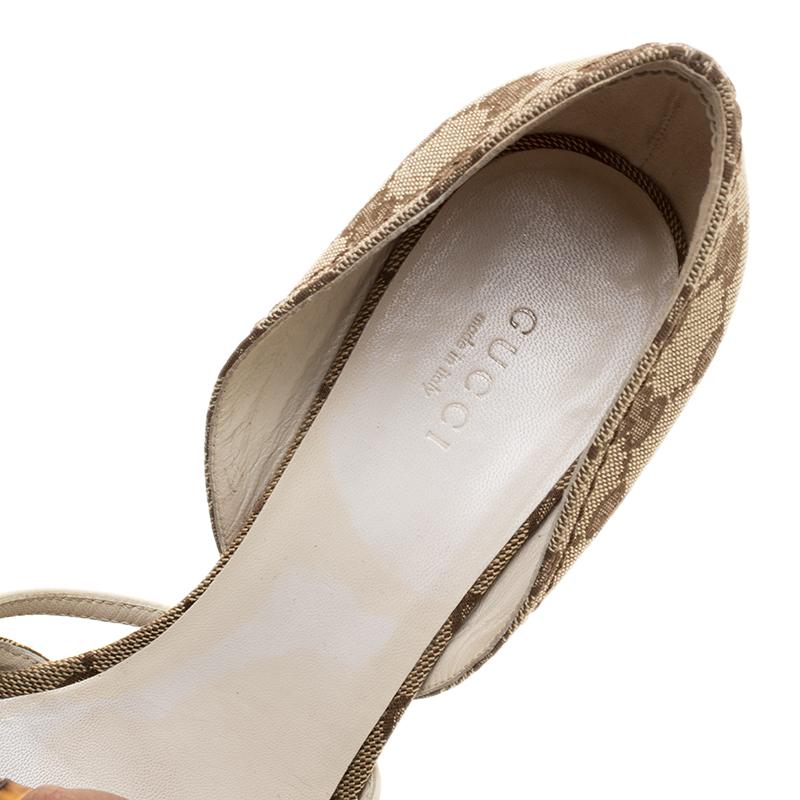 Gucci Beige GG Canvas Bamboo Peep Toe D'orsay Wedge Sandals Size 37.5 4
