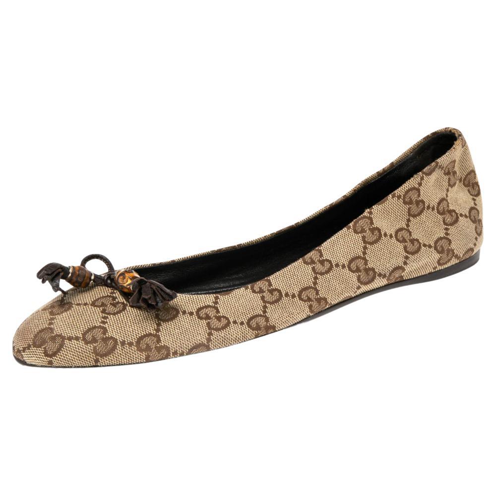 Gucci Beige GG Canvas Bamboo Tassel Bow Ballet Flats Size 37.5