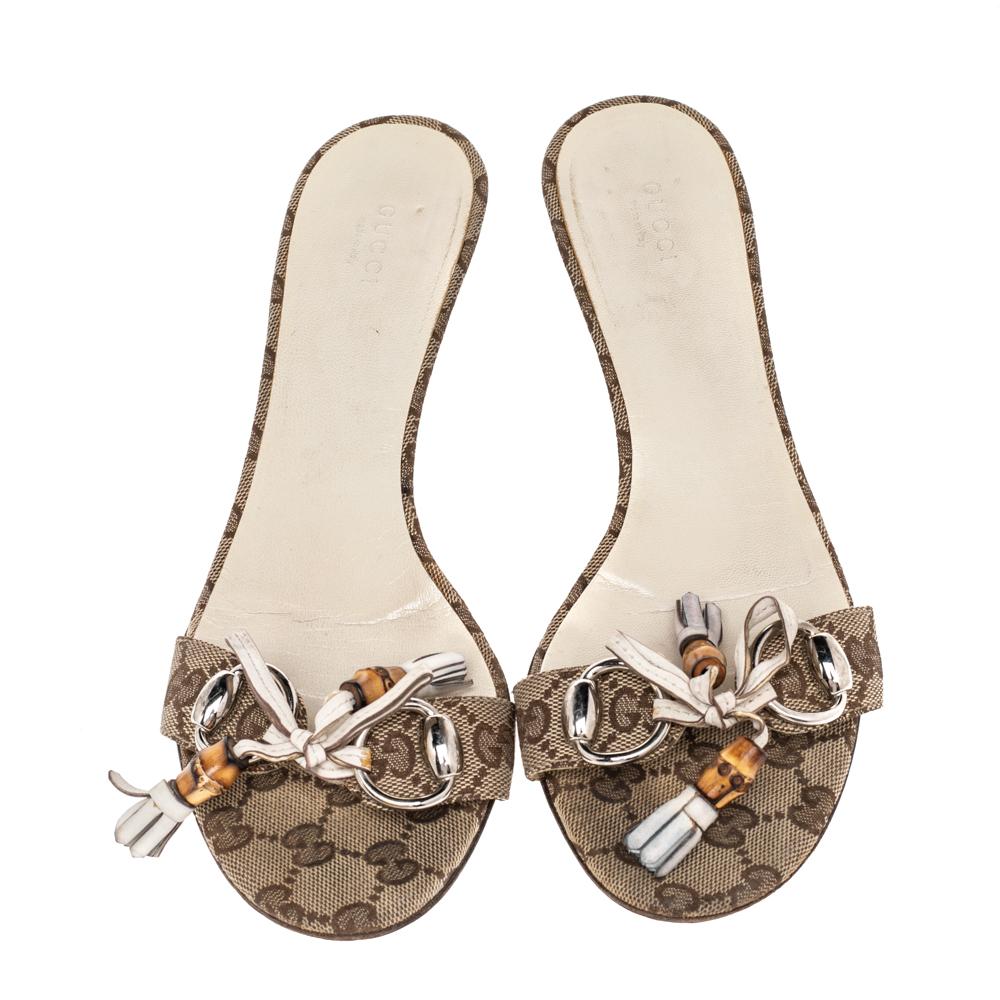 Gucci Beige GG Canvas Bamboo Tassel Horsebit Slide Sandals Size 40 1
