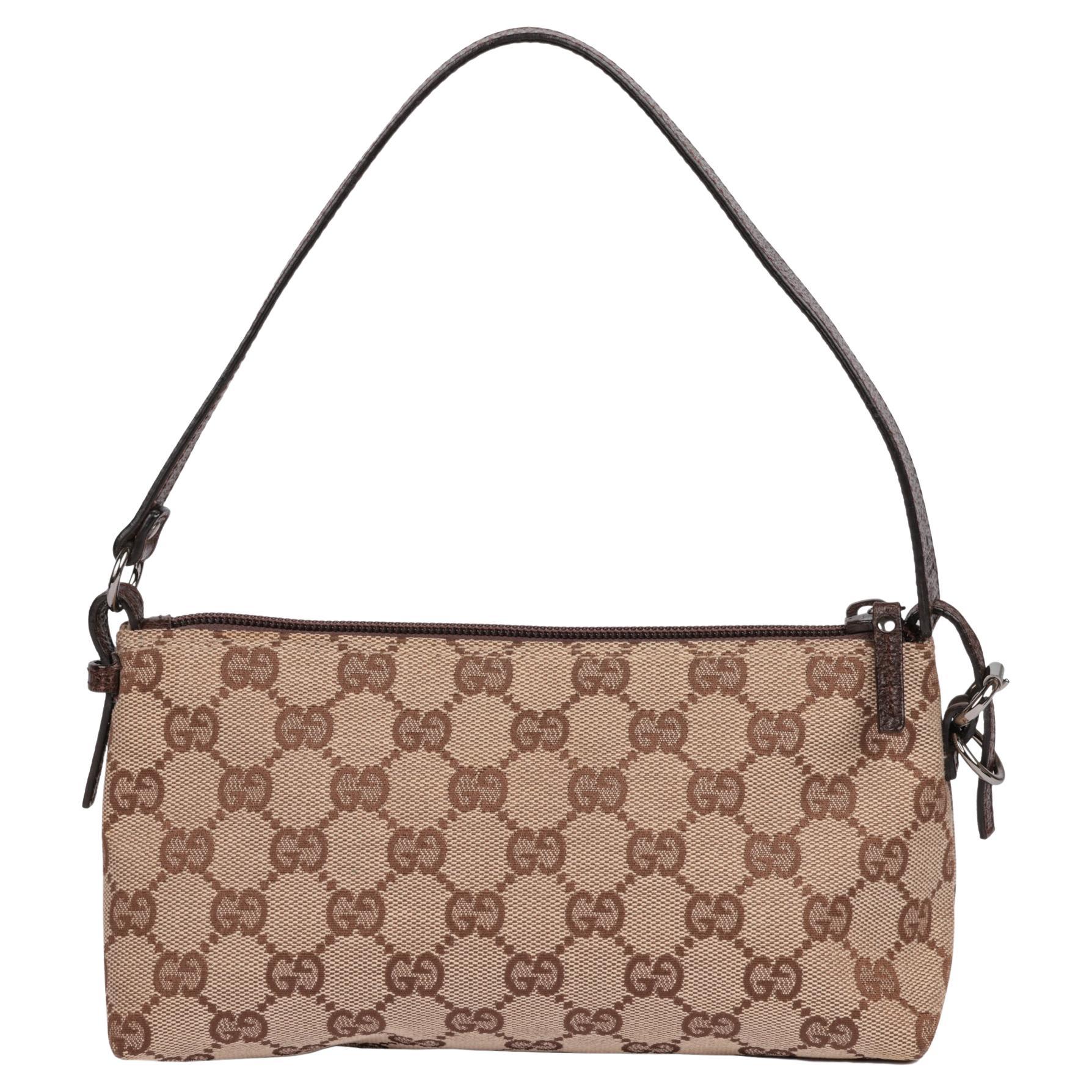 GUCCI Beige GG Canvas and Brown Calfskin Leather Vintage Small Pochette at  1stDibs