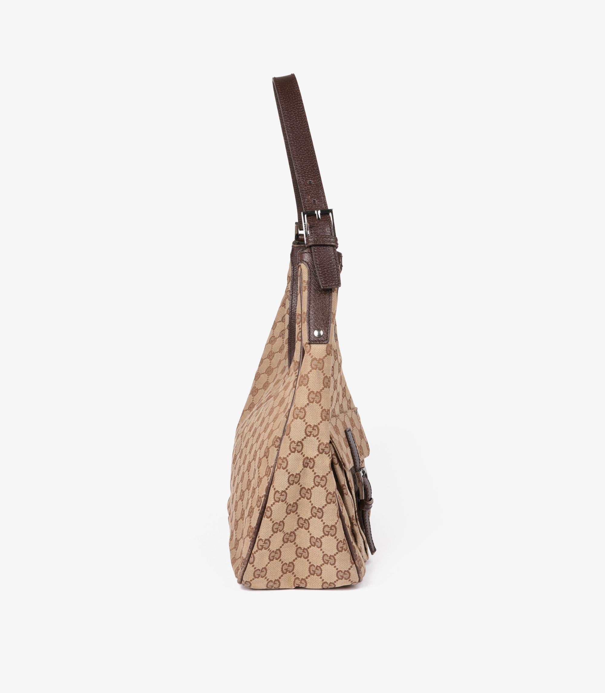 Gucci Beige GG Canvas & braunes Schweinsleder Vintage Double Pocket Hobo Bag im Zustand „Gut“ in Bishop's Stortford, Hertfordshire