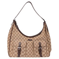 Gucci Beige GG Canvas & Brown Pigskin Leather Vintage Double Pocket Hobo Bag
