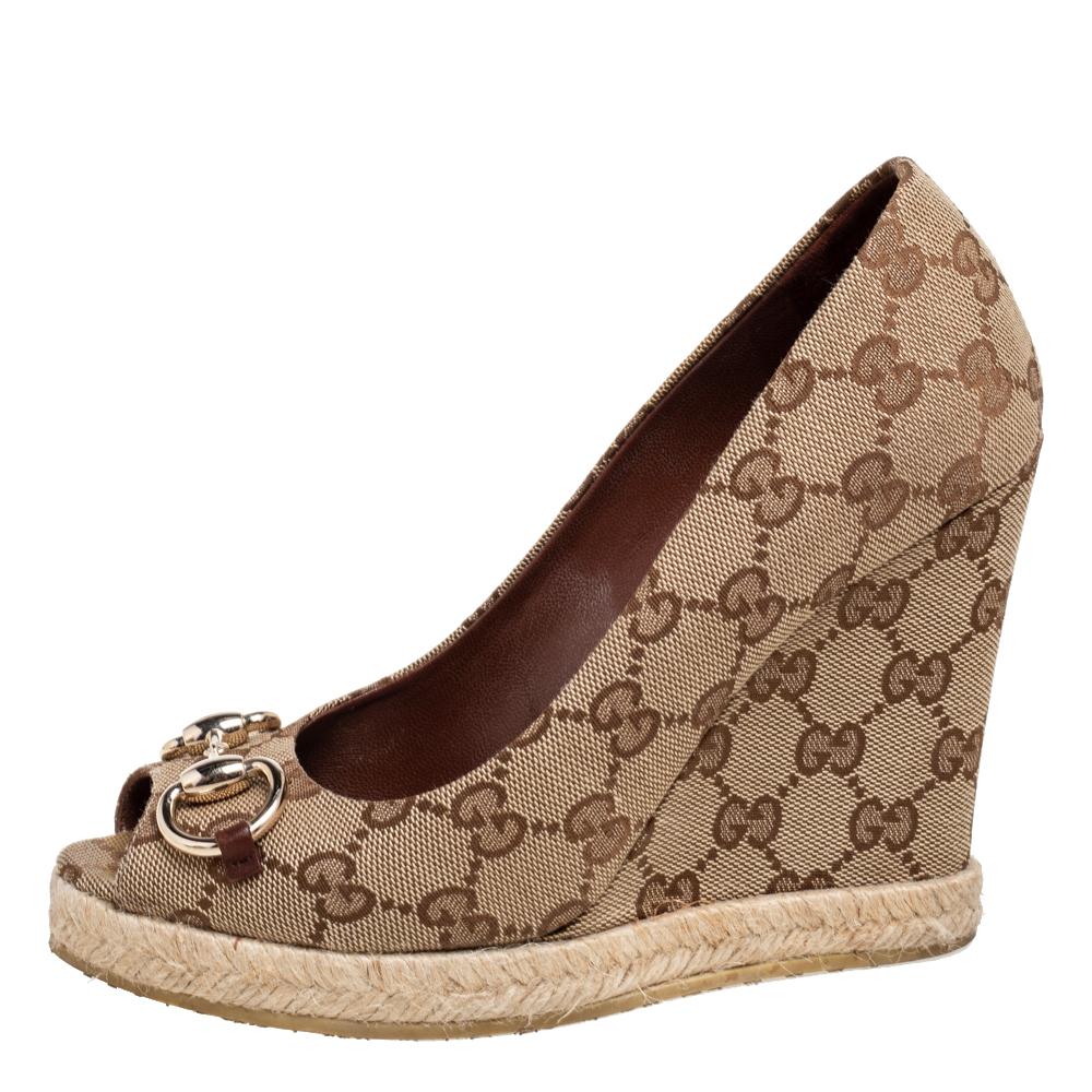 Gucci Beige GG Canvas Charlotte Horsebit Wedge Pumps Size 36.5 3