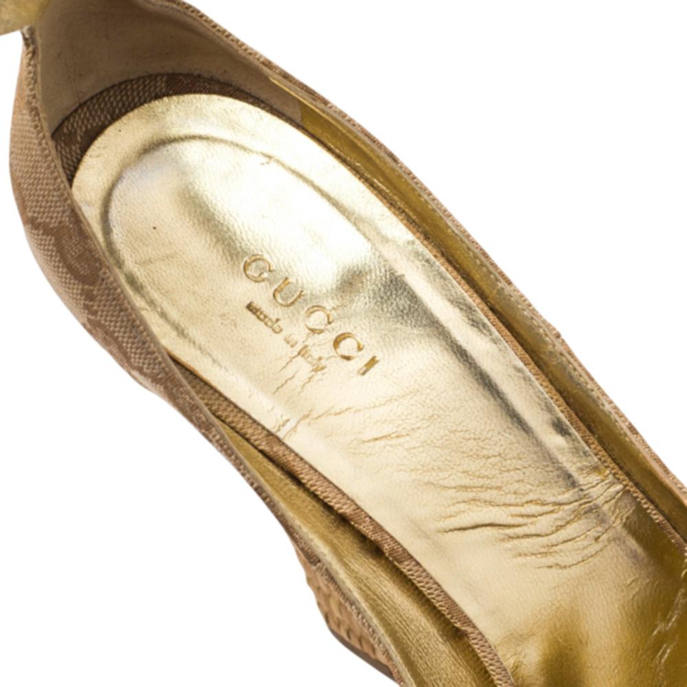 Gucci Beige GG Canvas Horsebit Open Toe Ankle Strap Wedges Pumps Size 39 1