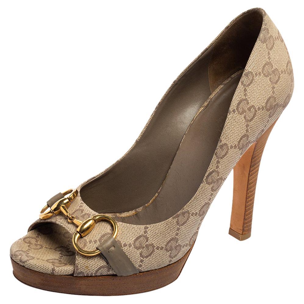 Gucci Beige GG Canvas Horsebit Peep-Toe Pumps Size 37