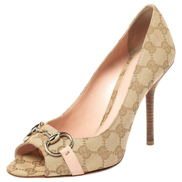 Gucci Beige GG Canvas Horsebit Peep Toe Pumps Size 39