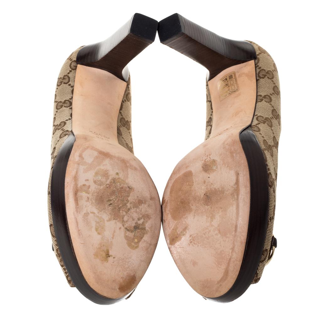 Gucci Beige GG Canvas Horsebit Peep Toe Wooden Platform Pumps Size 39.5 1