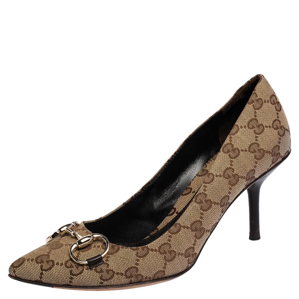 Gucci Beige GG Canvas Horsebit Pointed Toe Pumps Size 40