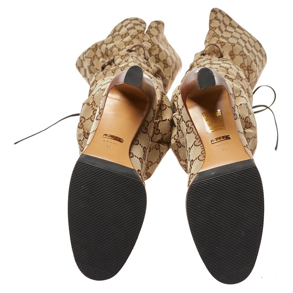 Gucci Beige GG Canvas Lisa Oberschenkel hohe Stiefel Größe 36 Damen