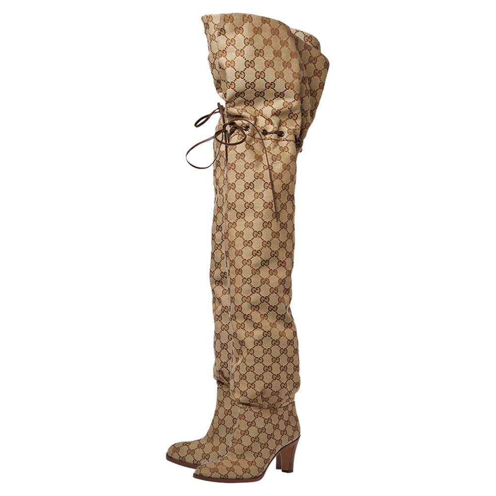 Gucci Beige GG Canvas Lisa Oberschenkel hohe Stiefel Größe 36 3
