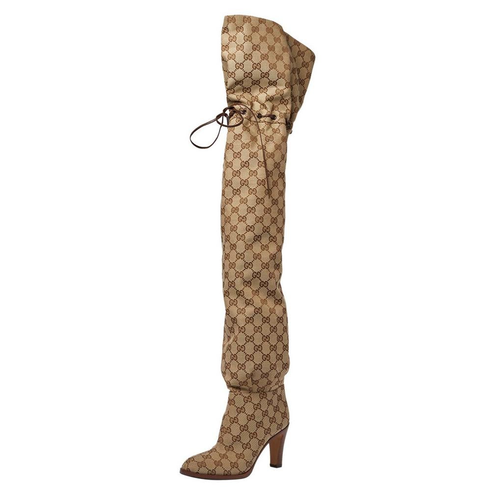 Gucci Beige GG Canvas Lisa Thigh High Boots Size 36 at 1stDibs | gucci thigh high boots, thigh high boots, gucci canvas boots